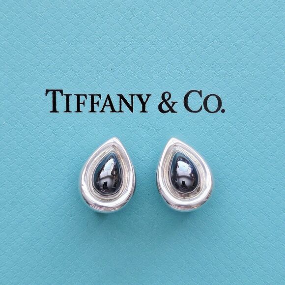 Vintage Tiffany & Co. Silver Picasso Hematite Teardrop Gemstone Clip On Earrings